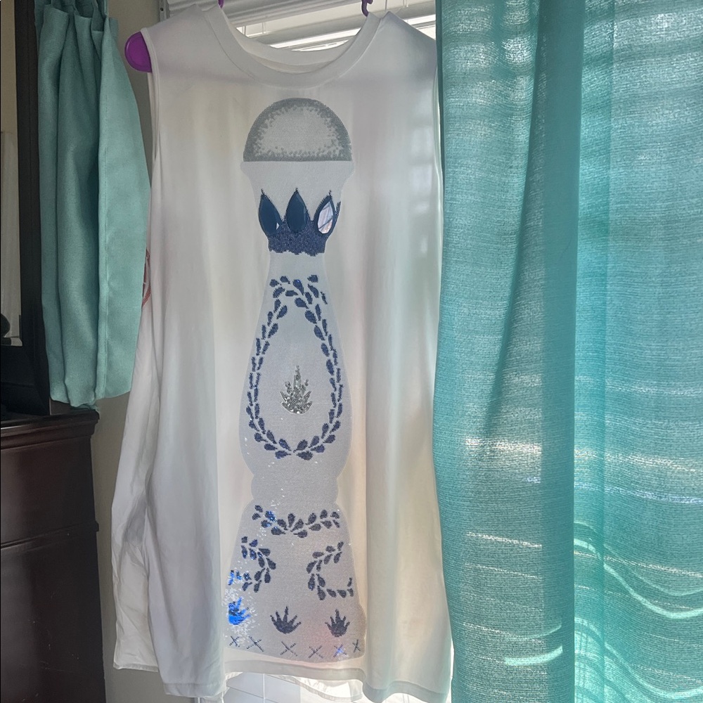 White Sleeveless Dress with Blue Pattern